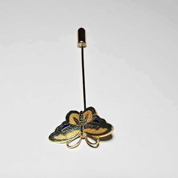 Gold Tone Yellow Green Cloisonne Butterfly Stick Lapel Hat Pin - Picture 9 of 11